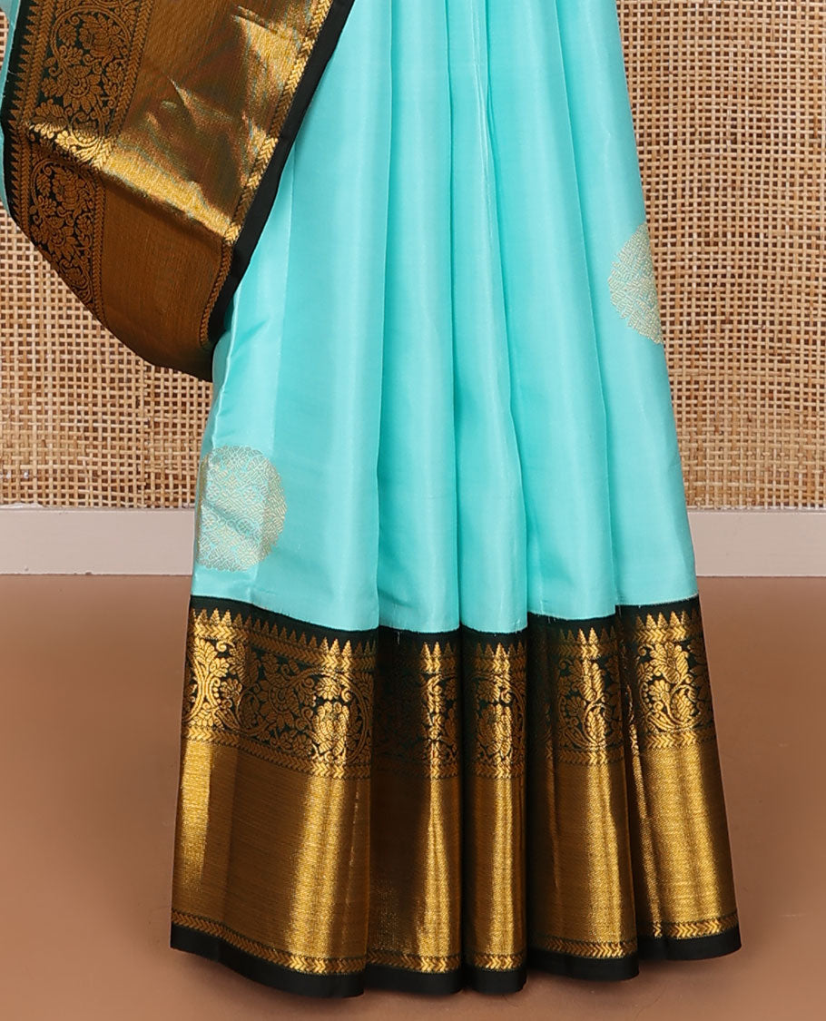 Blue silk saree with zari buttas, contrast border of rekku,kathir & kodi visiry design & intricately designed pallu