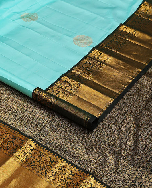 Blue silk saree with zari buttas, contrast border of rekku,kathir & kodi visiry design & intricately designed pallu