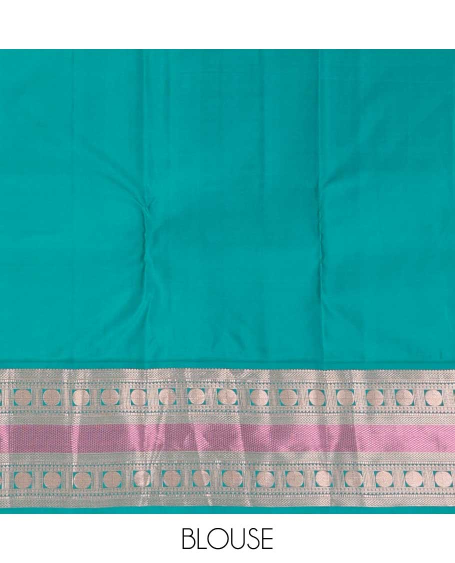 Green zari buttas silk saree, contrast border of rekku, kathir, poun, and mayil kann, and jaal pallu