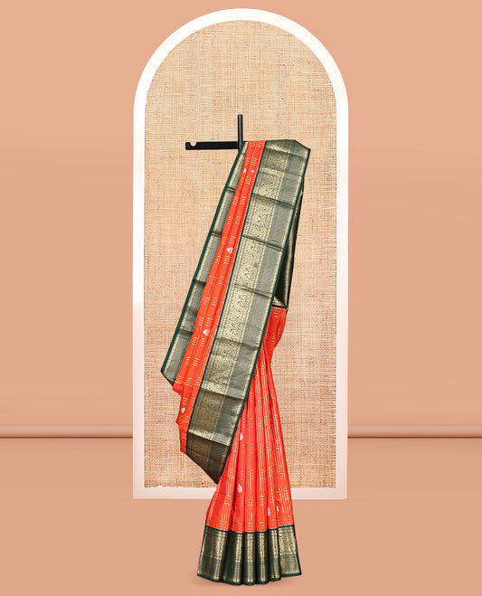 Orange Vasundhara Silk Saree Showcasing Zari Butta Enclosed Checks, Contrast Border of Muthu, Mayil, Rudraksham, and Banaras Designs, Jaal Pallu, and Contrast Blouse