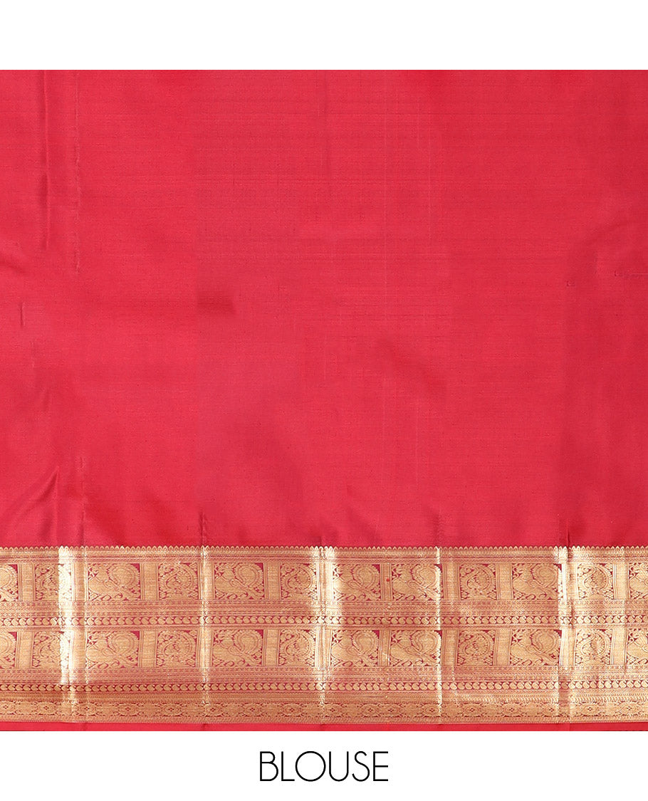 Cream Kanchipuram Silk Saree Artfully Woven with Bird Jacquard Design, Complemented by Contrast Border of Rekku, Mayil, Arumbu Manga, and Chakram Designs, Elegantly Highlighted Pallu of Geometric Patterns, and Paired with a Contrast Blouse