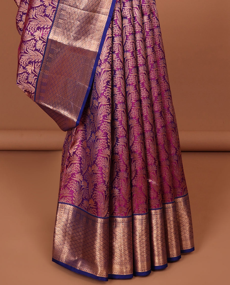 Purple floral jacquard kancheepuram silk saree with contrast checked zari border & intricate floral zari design pallu