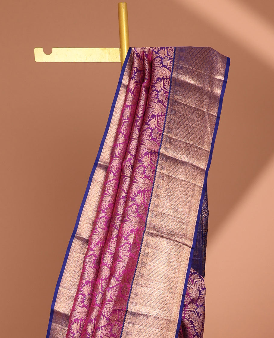 Purple floral jacquard kancheepuram silk saree with contrast checked zari border & intricate floral zari design pallu