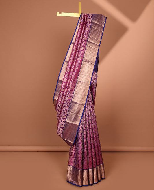 Purple floral jacquard kancheepuram silk saree with contrast checked zari border & intricate floral zari design pallu