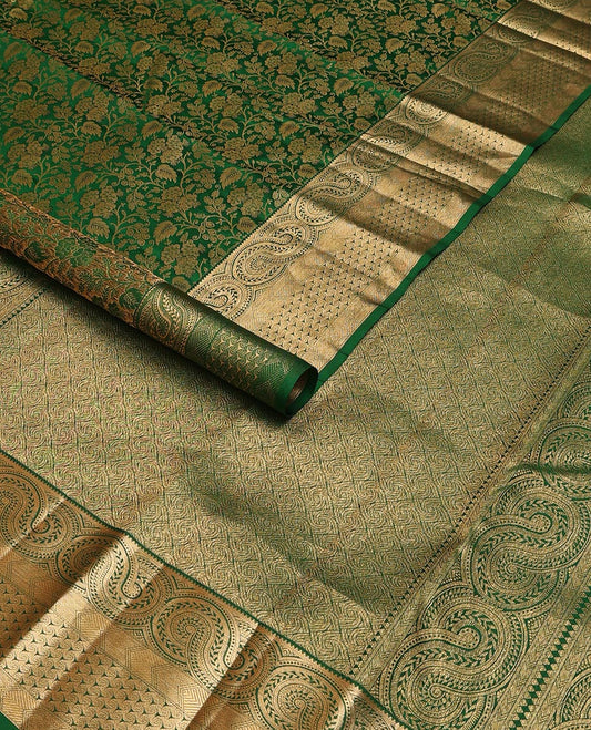 Green jacquard kanchipuram wedding silk saree, zari border of geometric patterns & jaal pallu
