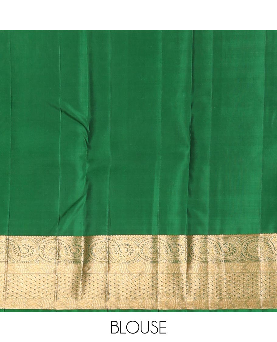 Green jacquard kanchipuram wedding silk saree, zari border of geometric patterns & jaal pallu