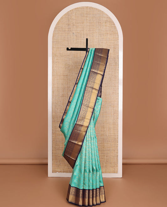Turquoise blue jacquard wedding silk saree, contrast border of poun, kodi visiry & vanki design & jaal pallu