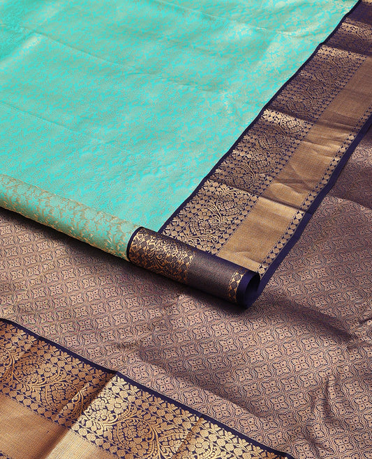 Turquoise blue jacquard wedding silk saree, contrast border of poun, kodi visiry & vanki design & jaal pallu