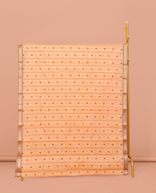 Sandal Kanchi Cotton Saree, Adorned with Buttas and Stripes on Its Body, Complemented by Contrast Zari Border, a Pallu of Buttas, and Paired with a Matching Blouse