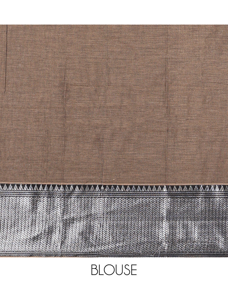 Brown cotton half-saree, plain with contrast traditional design steeped border skirt, matching blouse, and contrast bordered dhavani