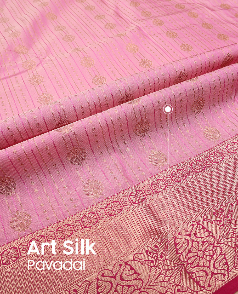 Pink art silk pavadai set, zari design with contrast traditional zari bordered skirt and a contrast zari design blouse