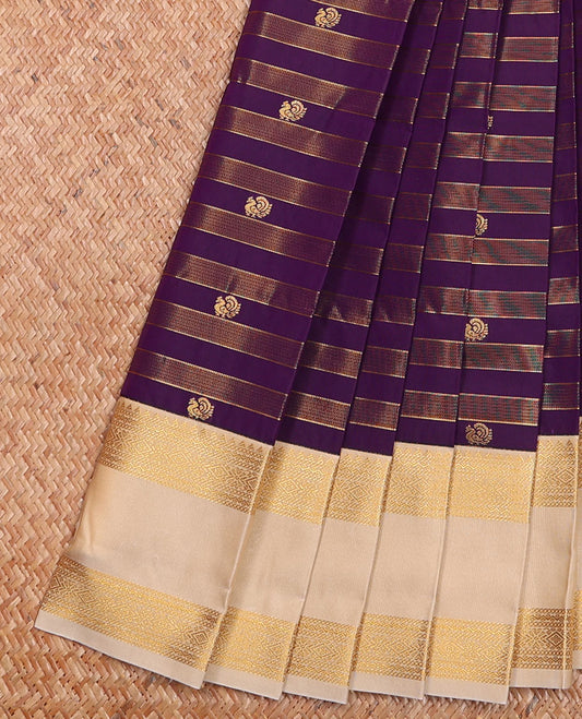 Purple Budget Silk Saree Enlivened with Gleaming Zari Stripes and Peacock Buttas, Highlighted with a Contrast Traditional Zari Design Rettai Pettu Border, Subtly Woven Jaal Pallu, and Paired with a Contrast Blouse