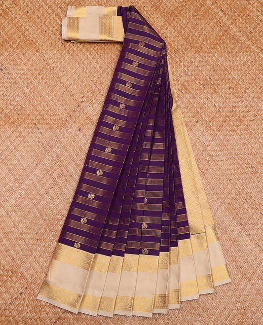 Purple Budget Silk Saree Enlivened with Gleaming Zari Stripes and Peacock Buttas, Highlighted with a Contrast Traditional Zari Design Rettai Pettu Border, Subtly Woven Jaal Pallu, and Paired with a Contrast Blouse