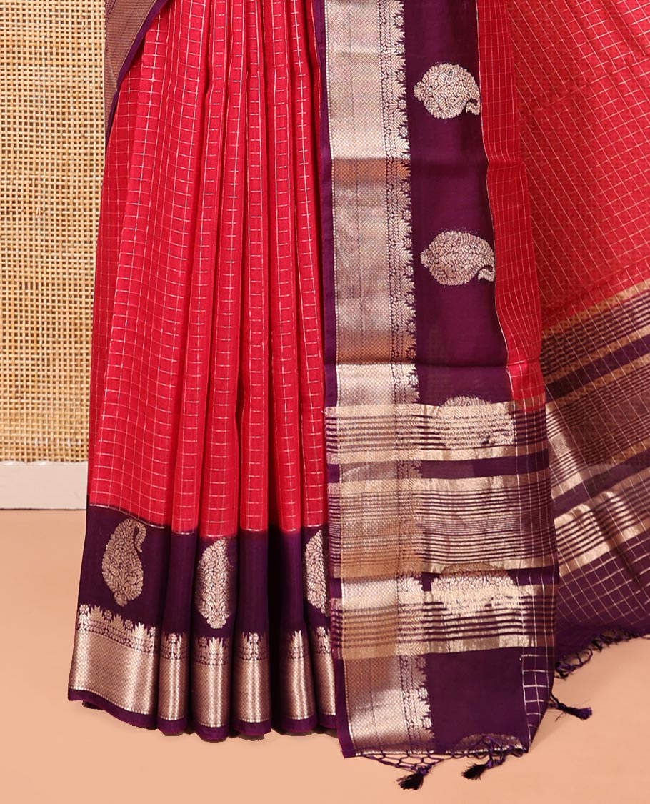 Red Assam Silk Saree, Adorned with Checks, Complemented by a Contrast Traditional Zari Border, Zari-Striped Pallu, and a Contrast Blouse