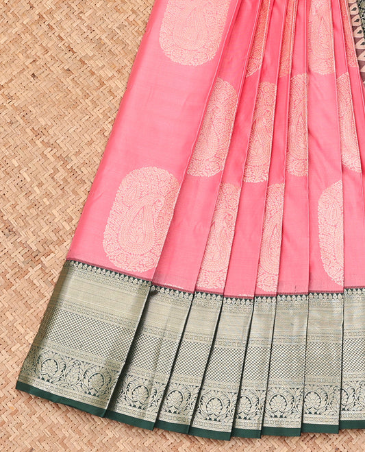 Pink Budget Silk Saree, Opulently Woven with Paisley Buttas All Over Its Body, Complemented by Contrast Traditional Zari Designs Woven Border, Intricate Pallu and Paired with a Contrast Blouse