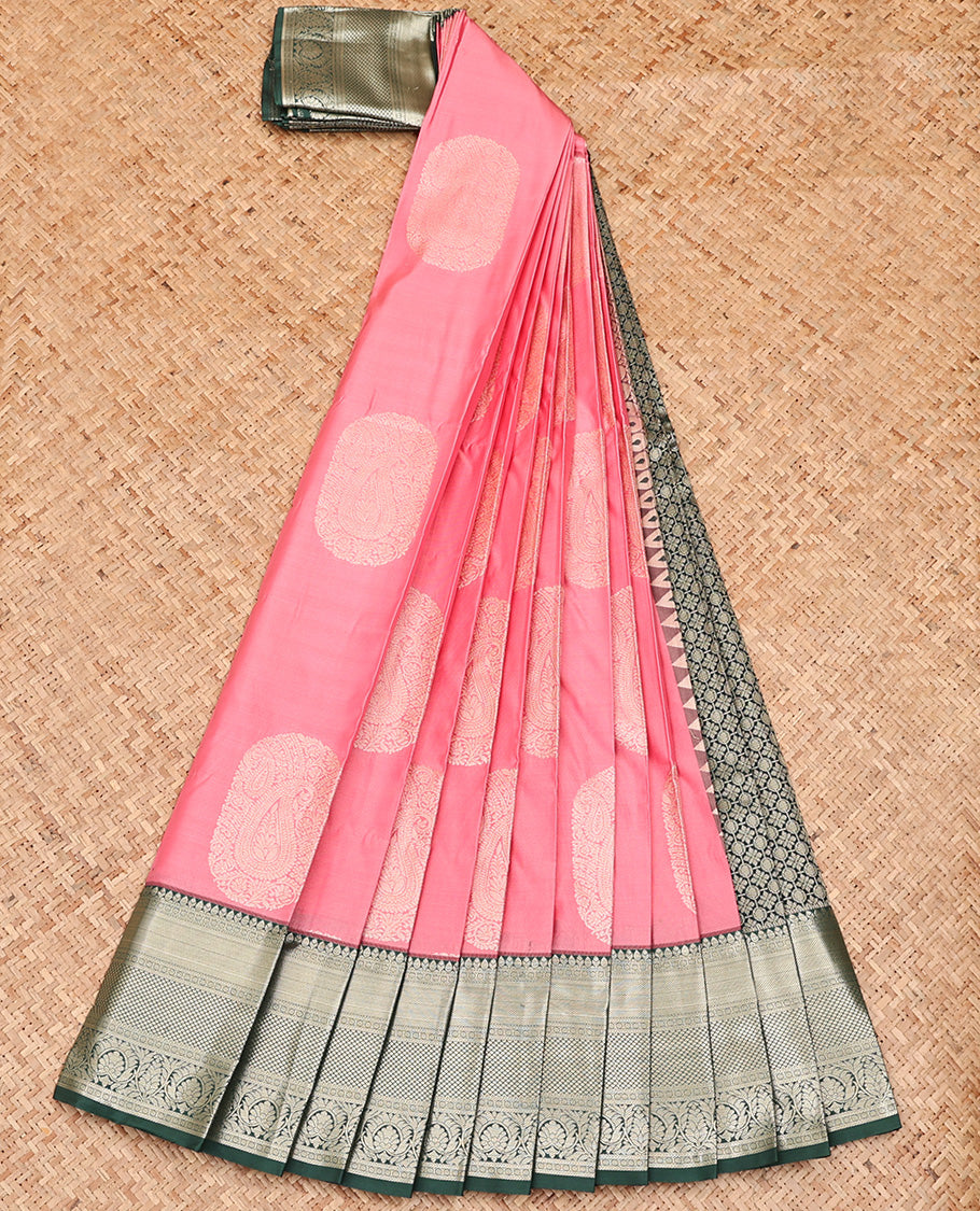 Pink Budget Silk Saree, Opulently Woven with Paisley Buttas All Over Its Body, Complemented by Contrast Traditional Zari Designs Woven Border, Intricate Pallu and Paired with a Contrast Blouse