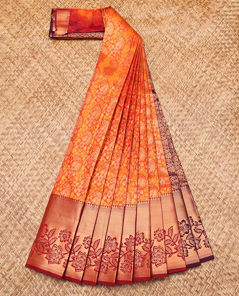 Orange Budget Silk Saree, Ornamented with Paisley Jacquard Design, Contrast Traditional Zari Border, Grand Pallu, and a Contrast Blouse