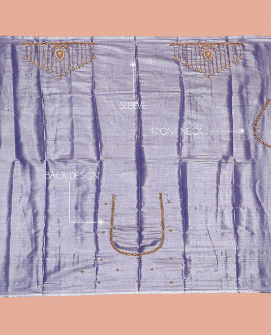 Lavender Aari Blouse Material, Graced with Drop Pattern Sugar Bead Embroidery on Its Sleeves, and Subtle Sugar Bead Work on Its Back and Front Neck