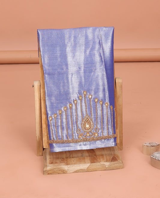 Lavender Aari Blouse Material, Graced with Drop Pattern Sugar Bead Embroidery on Its Sleeves, and Subtle Sugar Bead Work on Its Back and Front Neck