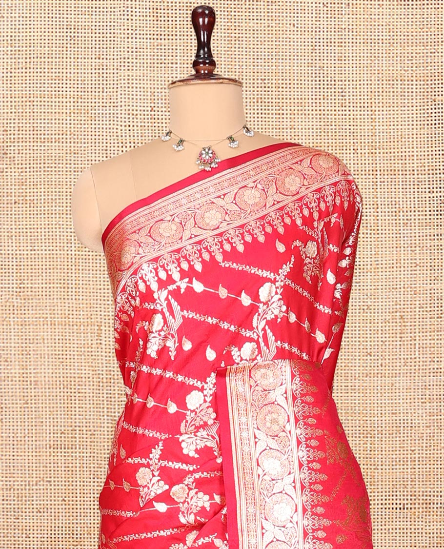 Red Banarasi Nylon Saree, Boldly Accentuated with Jacquard, a Floral Creeper Zari Border, Intricate Pallu, and a Matching Blouse