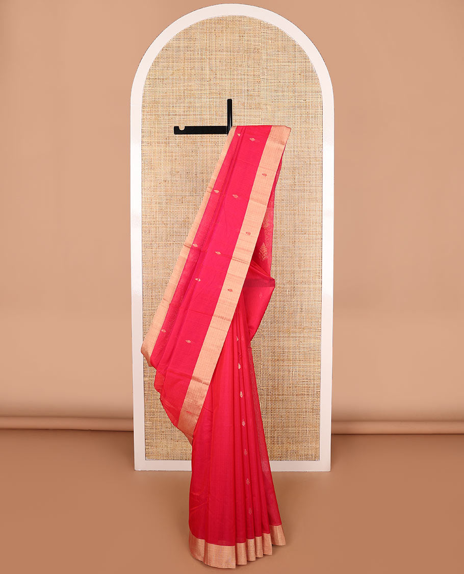 Red leaf motifs chanderi cotton saree with contrast zari border & striped pallu