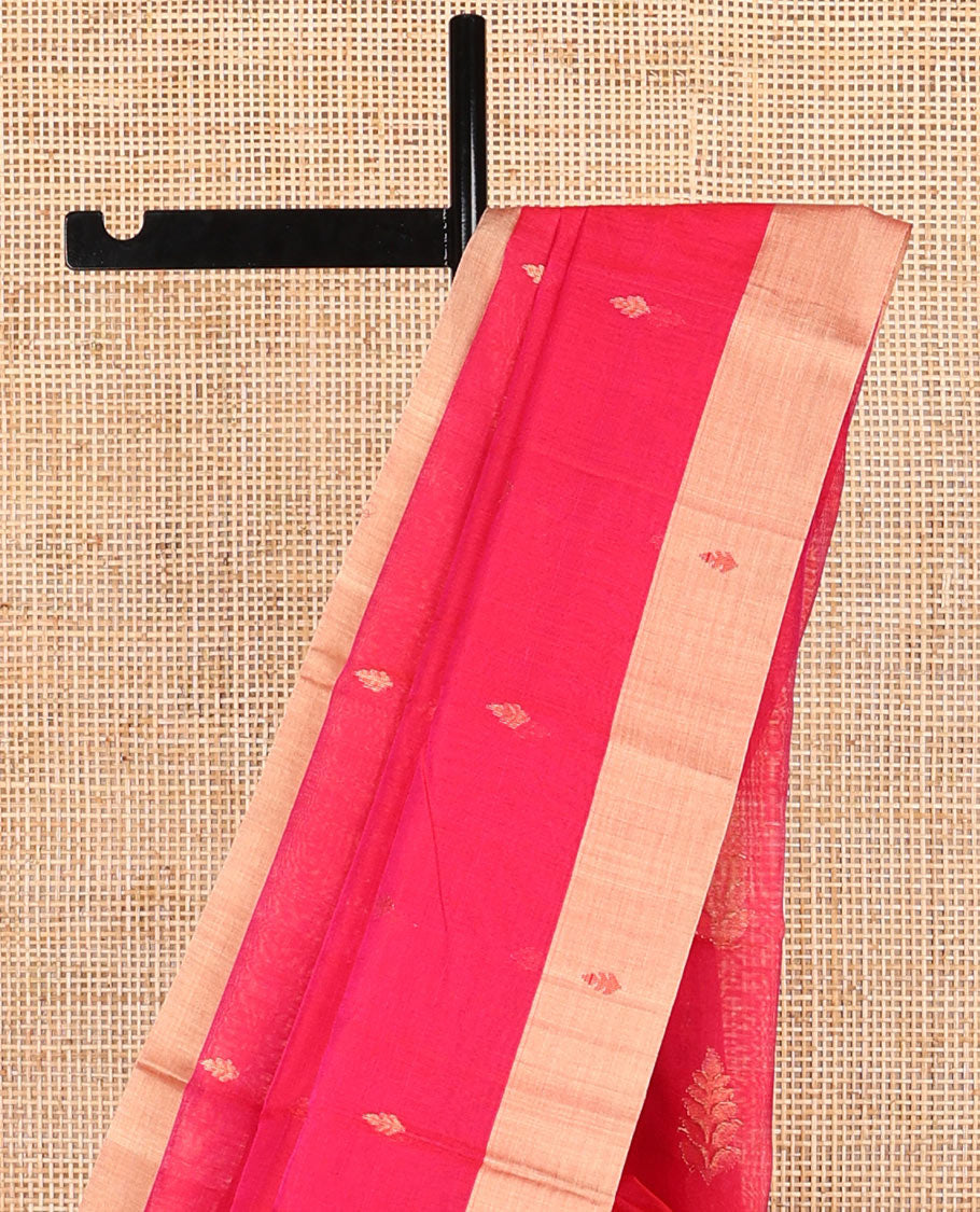 Red leaf motifs chanderi cotton saree with contrast zari border & striped pallu