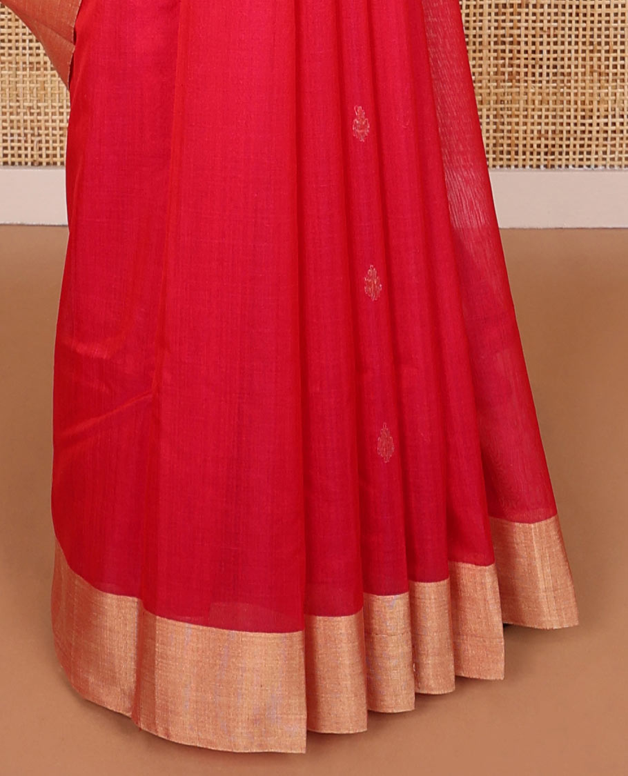 Red leaf motifs chanderi cotton saree with contrast zari border & striped pallu
