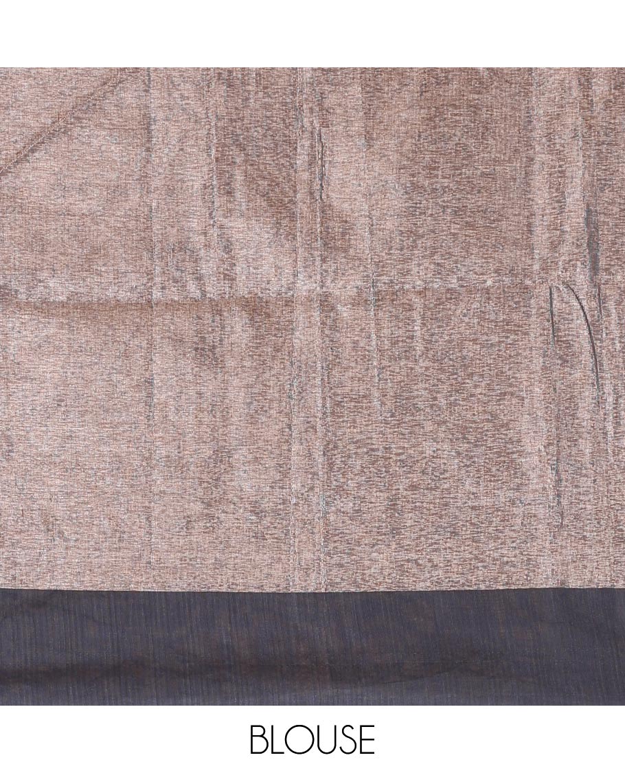 Gleaming sandal zari buttas semi-silk cotton saree, contrast zari woven border, and contrast intricate pallu