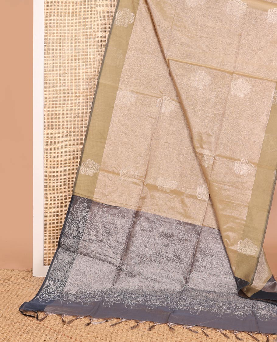 Gleaming sandal zari buttas semi-silk cotton saree, contrast zari woven border, and contrast intricate pallu