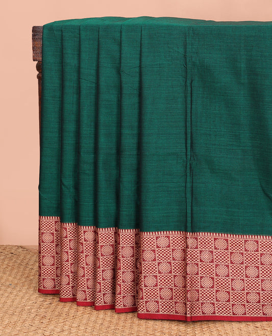 Green plain Narayanapet cotton saree, contrast temple border of buttas enclosed checks, and striped pallu