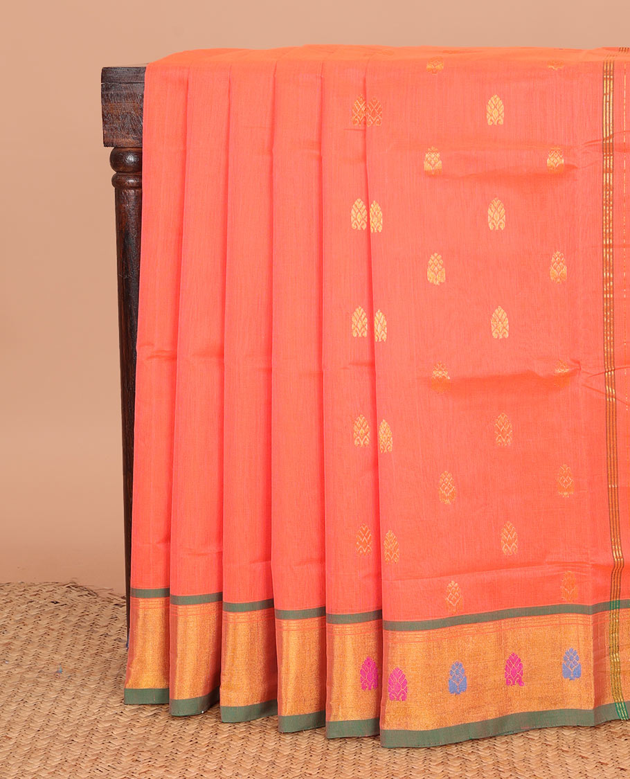 Pink buttas Venkatagiri cotton saree, contrast zari and thread border, and zari striped pallu