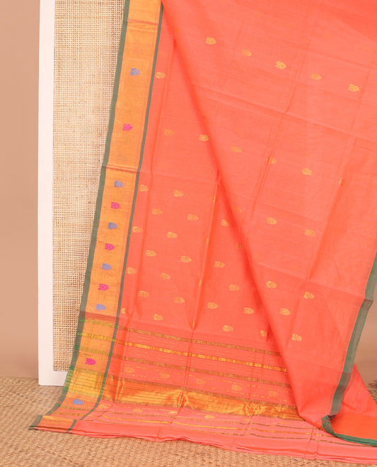 Pink buttas Venkatagiri cotton saree, contrast zari and thread border, and zari striped pallu