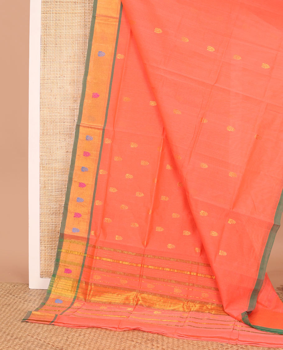 Pink buttas Venkatagiri cotton saree, contrast zari and thread border, and zari striped pallu