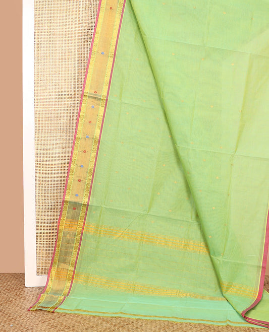 Pista green buttas Venkatagiri cotton saree, contrast thread and zari border, and striped pallu