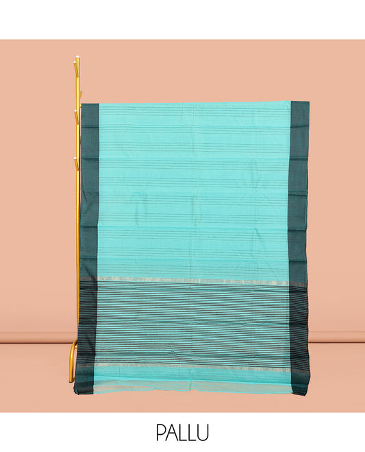Blue Striped Semi-Silk Cotton Saree, Complemented by a Contrast Border, Pallu Steeped with Stripes, and Paired with a Matching Blouse