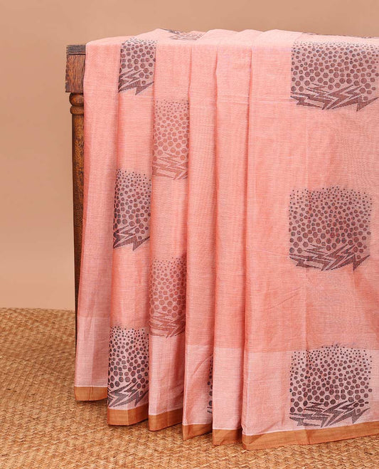 Peach unique buttas Coimbatore cotton saree, contrast unique buttas border, and pallu of geometric patterns