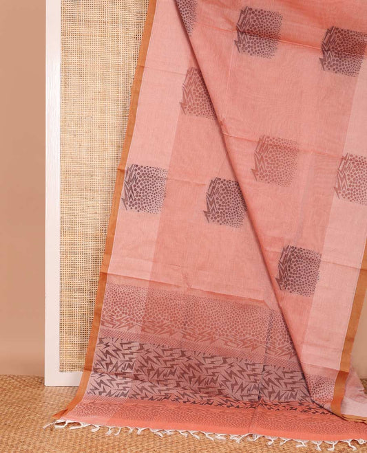 Peach unique buttas Coimbatore cotton saree, contrast unique buttas border, and pallu of geometric patterns