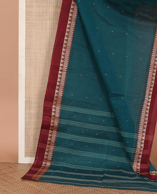 Blue Bengal Cotton Saree, Ornamented with Buttas All Over Its Body, Complemented by Contrast Temple  Design Border, and Pallu Steeped with Stripes