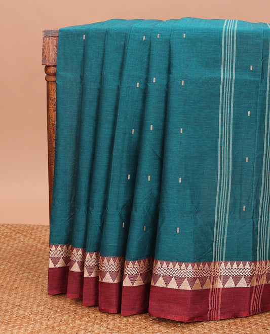 Blue Bengal Cotton Saree, Ornamented with Buttas All Over Its Body, Complemented by Contrast Temple  Design Border, and Pallu Steeped with Stripes