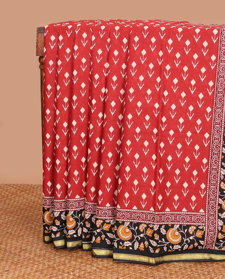 Red floral motifs printed mul mul cotton saree, contrast floral vine printed border, and pallu of floral print