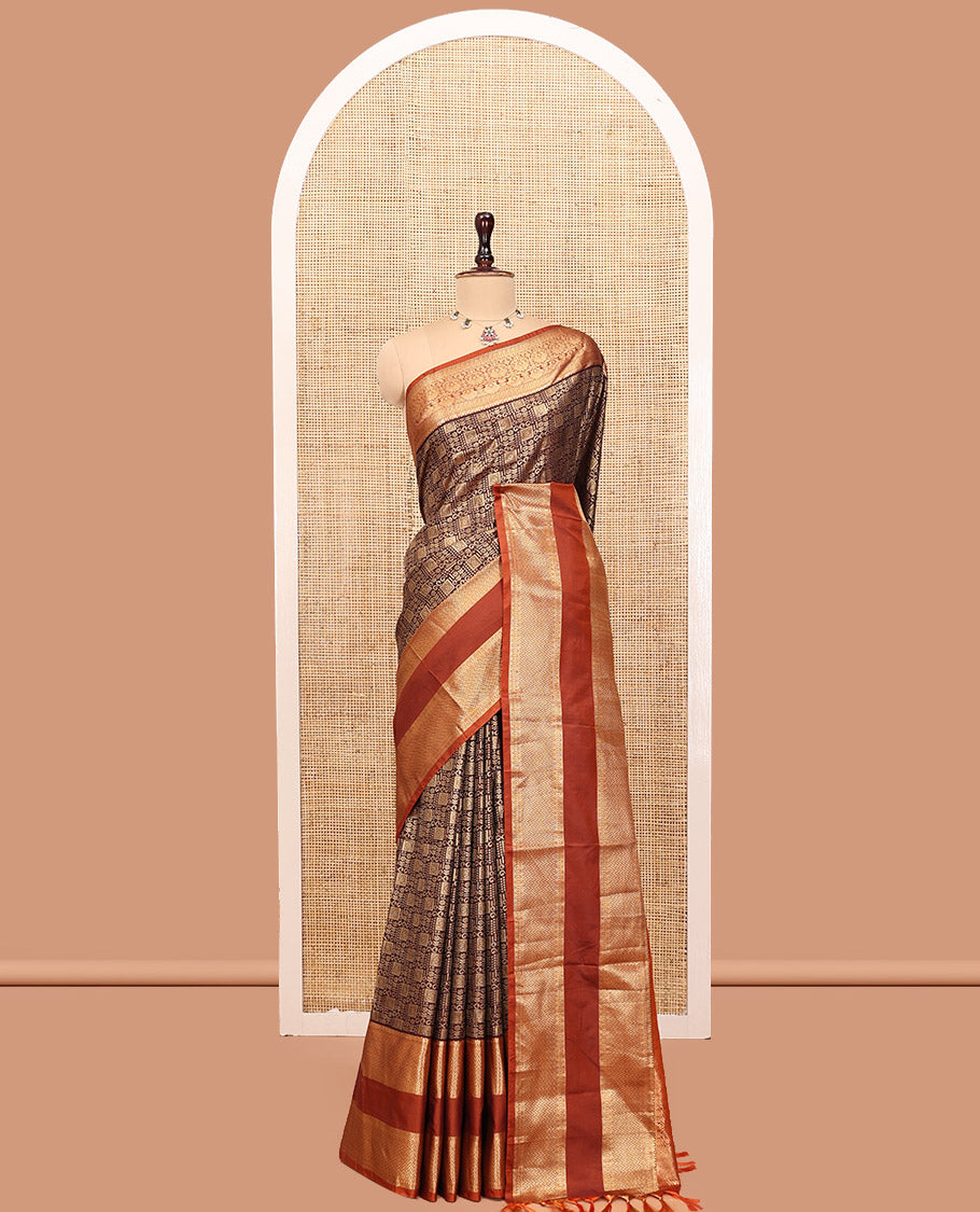 Coffee Brown-Rust Orange Budget Silk Saree Features Jacquard, Contrast Rettai Pettu Border, Grand Pallu, and a Contrast Blouse