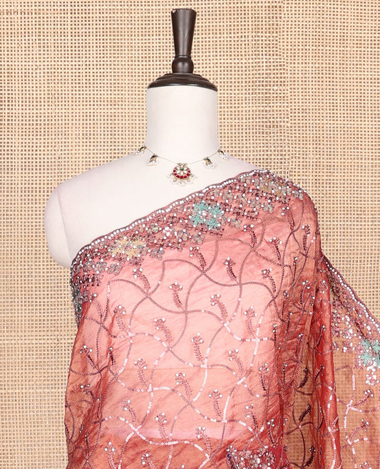 Copper floral jaal thread embroidered with stone work designer saree, scallop thread & stone embroidered border