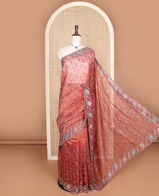 Copper floral jaal thread embroidered with stone work designer saree, scallop thread & stone embroidered border
