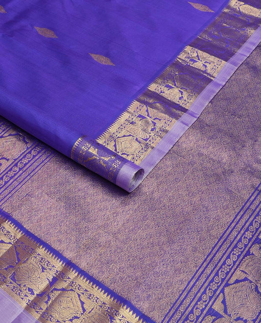 Blue zari buttas Kanchipuram silk saree, contrast border of thazampoo rekku,banaras,kamalam,mayil, and manga, and jaal pallu