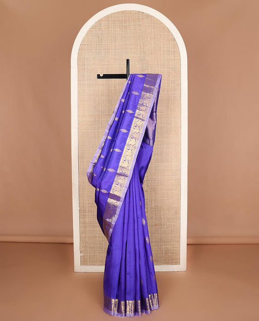 Blue zari buttas Kanchipuram silk saree, contrast border of thazampoo rekku,banaras,kamalam,mayil, and manga, and jaal pallu