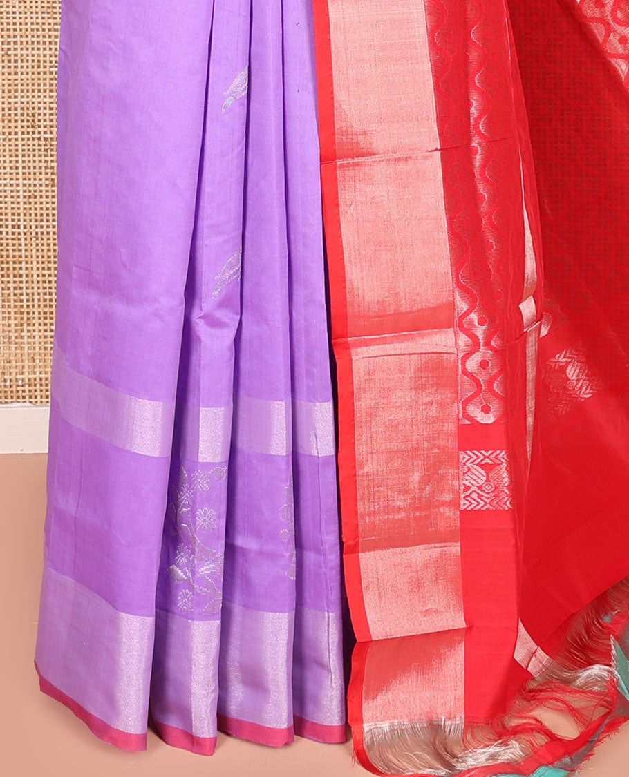 Lavender Kuppadam Cotton Saree, Subtly Sparkled with Bird Buttas All Over Its Body, Complemented by Bavanji Border, Contrast Pallu of Ogee Patterns, and Paired with a Contrast Blouse