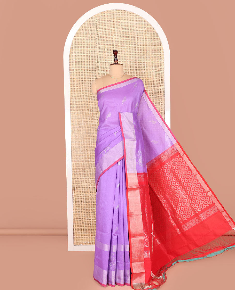 Lavender Kuppadam Cotton Saree, Subtly Sparkled with Bird Buttas All Over Its Body, Complemented by Bavanji Border, Contrast Pallu of Ogee Patterns, and Paired with a Contrast Blouse