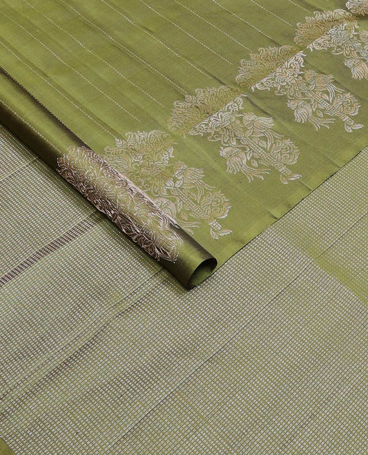 Borderless olive green muthu stripes, and parrot on the tree zari woven soft silk saree, zari pallu of muthu stripes
