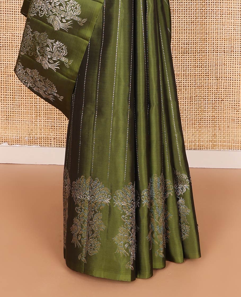 Borderless olive green muthu stripes, and parrot on the tree zari woven soft silk saree, zari pallu of muthu stripes