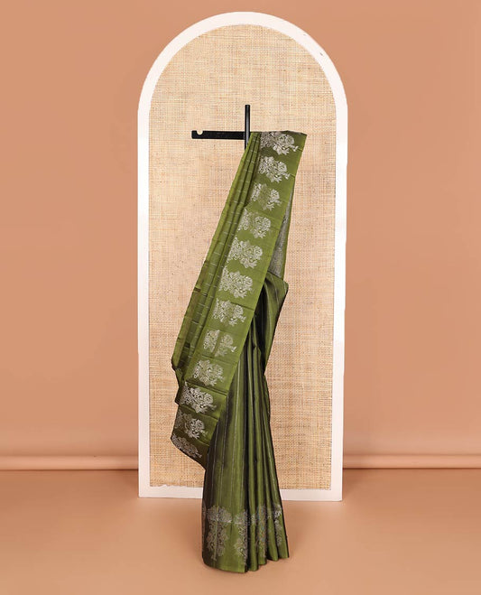 Borderless olive green muthu stripes, and parrot on the tree zari woven soft silk saree, zari pallu of muthu stripes